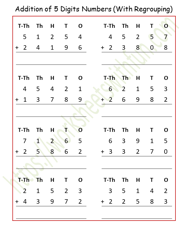 Maths Class 4 Addition Of 5 Digits Numbers With Regrouping Worksheet 8